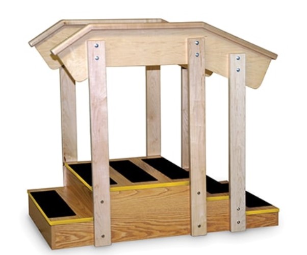 Hausmann 1566 Training Stairs: 2ea 6" step, 3ea 4" step, platform 30"W x 24D x 12H, suitable for 8' ceiling. Stairs are laminate with anti-slip treads, hand rails are hardwood. Overall dimensions 52" x 30"x 12"