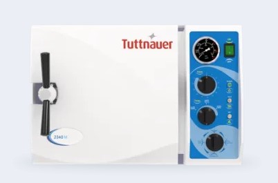 Tuttnauer 2340M manual table top autoclave features automatic shut off at the end of both sterilization and dry cycles, double safety locking device pervents door from opening while chamber is preassurized, drain valve located in front for easy access, dual safety thermostat,1 year parts and labor warranty