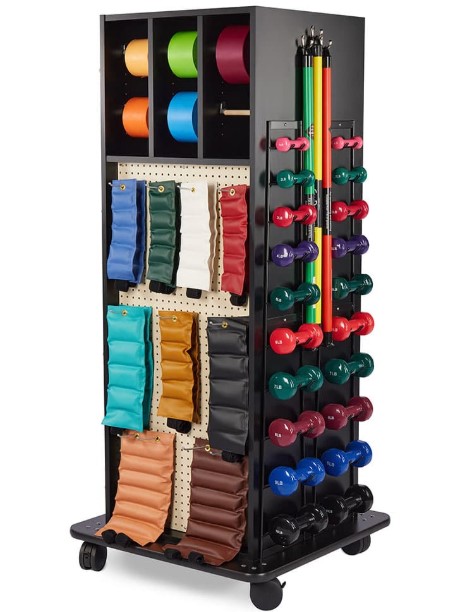 Hausmann 5562 Mega Rack for weights storage. Fold down work surface, pegboard with hooks for weights, hooks for dumbbells, dispensers for REP Bands, mirror, 4" casters. No accessories. For completely stocked rack see item 5562-100. 32"W x 32"D x 72"H