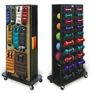 Hausmann 5566-100 Econo Weight Rack,  4 sided storage, 4" casters. Included: set of 16 Hugger weights, 2 sets of 10 dumbbells, 1 set of 5 REP Bands, 1 set of 3 weight bars. 250 lb capacity. 30"W x 18"D x 59"H