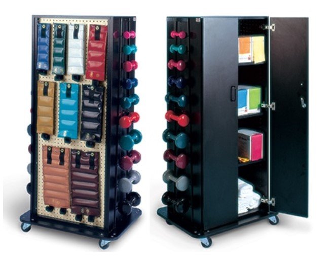 Hausmann Weight Storage Cabinet with two-door cabinet with shelves, pegboard