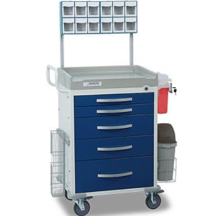 Rescue Anesthesiology Cart - White frame w/ 5 Blue 3"/3"/6"/6"/9" Drawers - Included Accessories: IV pole