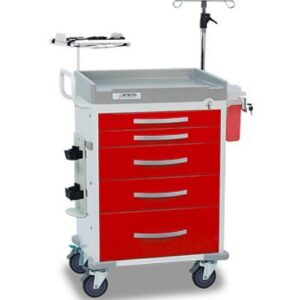 Rescue Emergency Room Cart - White frame w/(5) Red 3"/3"/6"/6"/9" Drawers - Included Accessories: IV pole